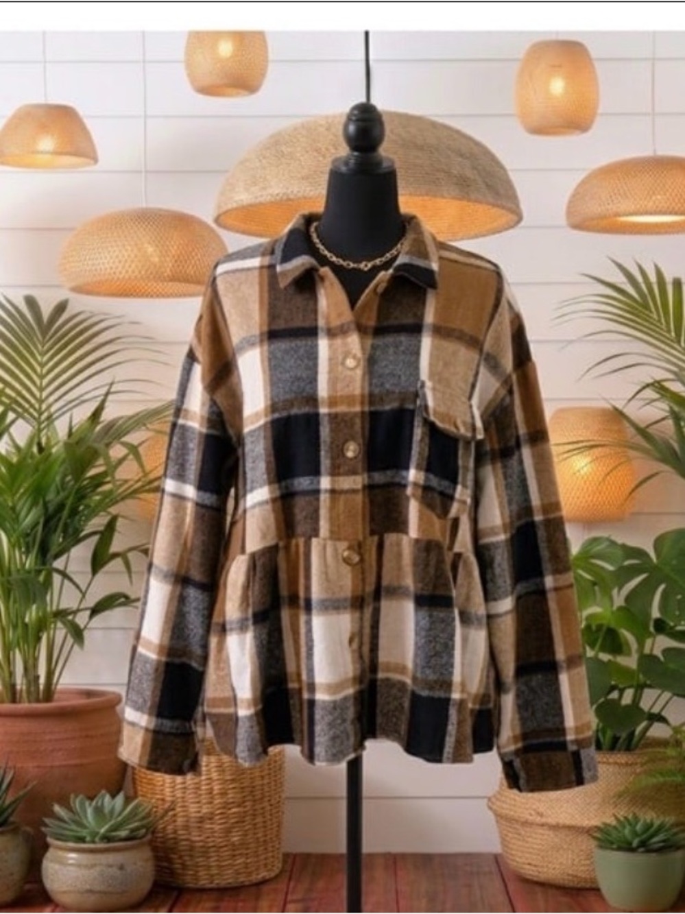 Brown Plaid Button Down Peplum Blouse